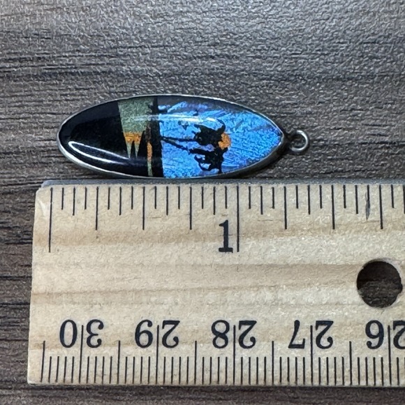 Vintage Blue Morpho Butterfly Wing Pendant With Tropical Palm Tree & Water 1.25" - Picture 3 of 4